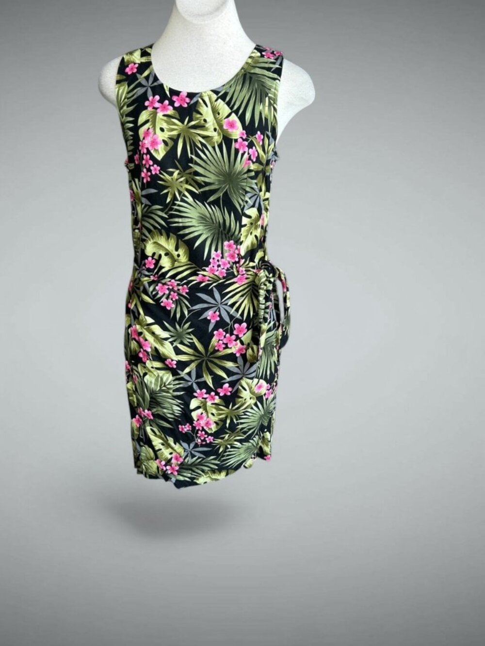 Hawaiian Black Floral Sleeveless Sarong Wrap Dress by La Cabana Size Large